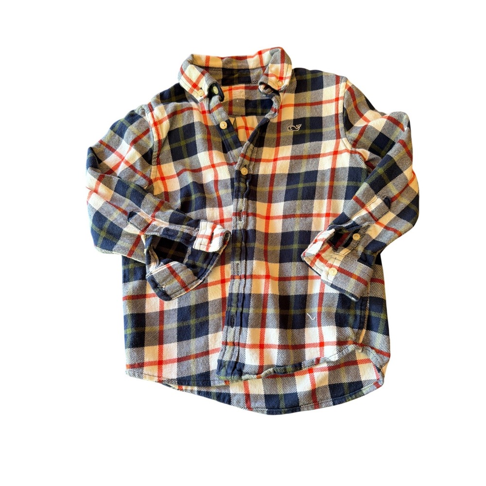 Vineyard Vines Button Down Navy Red White Plaid Flannel Shirt Boys 5 Whale Logo